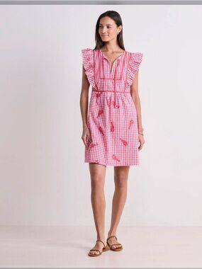 Vineyard Vines Red & White Gingham Ruffle embroidered lobsters Dress